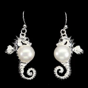 925 Sterling Silver Earrings Round Black Spinel Pearl Gemstone Seahorse Jewelry - Picture 1 of 13