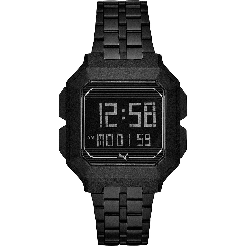 PUMA Mens P5017 Remix Quartz Digital LCD Black Stainless Steel Watch