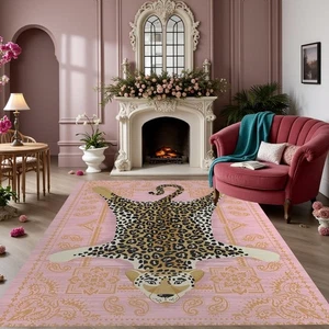 Vintage Boho Cheetah Print Area Rug 5x7 Pink Gold Floral Leopard Faux Wool Ru... - Picture 1 of 8