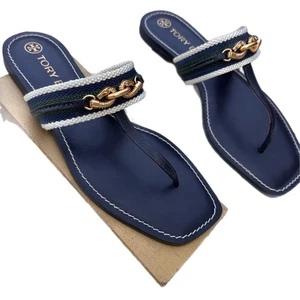 Tory Burch Jessa Tanga Sandalias Planas Sin Cordones Cuero Azul Marino-8M, Suela de Goma - Imagen 1 de 11