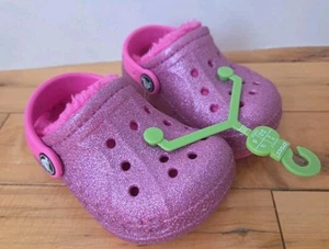 Crocs Classic Baya Fleece Lined Glitter Clog Toddler C6 Pink Fuzzy Shoes New - Picture 1 of 7