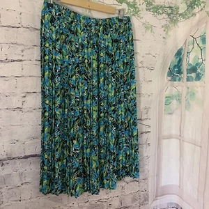 Dana Buchman Pleated Skirt Size Medium Green Blue Floral Elastic Waist - Picture 1 of 13