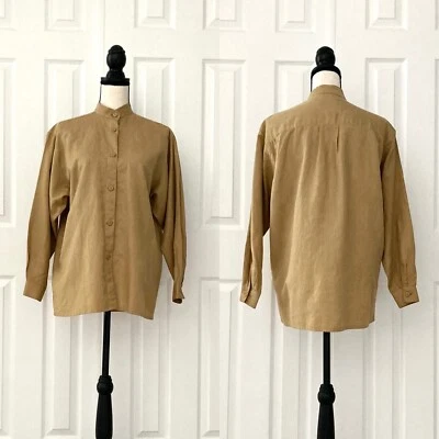 Blusa De Colección Años 90 Giorgio Sant'Angelo Mezcla Lino Tostada Manga Larga Para Mujer Pequeña Foto 1 de 4