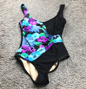 Carol Wior Womens One Piece Swimsuit Sz 8 Black Floral Scoop Neck Wide Strap - Picture 1 of 10