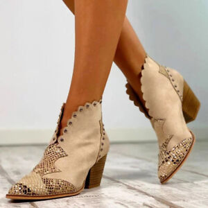 Women Block Heel Chelsea Boots Pointed Toe V-cut Chunky Rivet Booties Retro Shoe