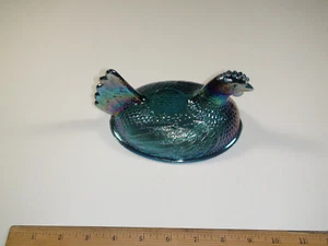 Vintage Carnival Glass Iridescent Blue Hen On Nest Candy Dish - LID ONLY - Picture 1 of 6