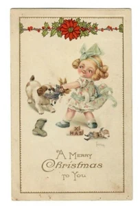 Vintage Christmas Postcard Freixa Girl with Dog and Toys - Picture 1 of 2