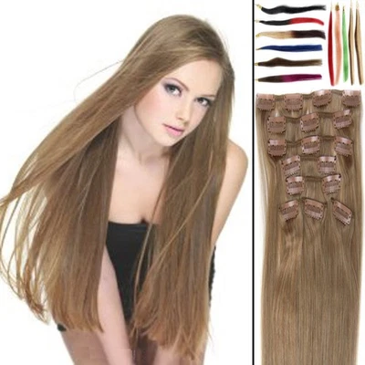 Clip In Human Hair Extensions Double Weft Weave Full Head Thick Hair Ash Blonde - Image 1 of 3