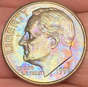 1999-P Roosevelt Dime Beautiful Brilliant Rainbow Toned Coin #9 - Picture 1 of 12
