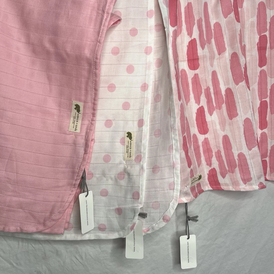 Novo com etiquetas Monica + Andy 100% algodão orgânico estampa de ponto rosa cobertores de bebê conjunto de 3 NOVO - Imagem 1 de 4