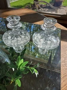 Elegant Fostoria Glass Buttercup Pattern Short Candlestick Set Cut Floral - Picture 1 of 12