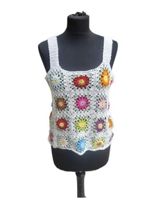 Granny Squares Boho Crochet Top Hand Knit Flower Blouse vintage hippie colourful - Picture 1 of 10