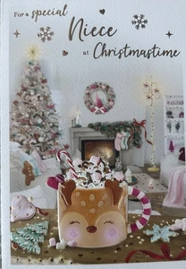 Niece Christmas Card - Marshmallows - Hot Chocolate Mug - Pink Wreath - Reindeer - Picture 1 of 2