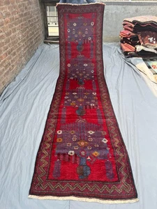 Tappeto runner vintage afgano annodato a mano 2'10 x 11'4 piedi - tappeto lungo tribale rosso lana - Foto 1 di 10