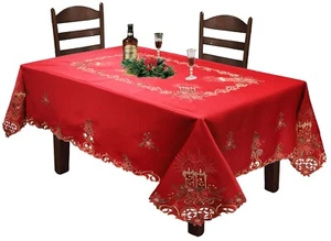 Holiday Christmas Poinsettia Candle Bell Tablecloth With Napkins RED GOLD 6727 - Picture 1 of 12