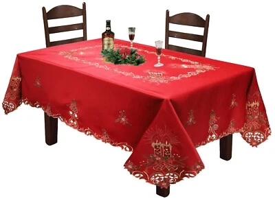 Holiday Christmas Poinsettia Candle Bell Tablecloth With Napkins RED GOLD 6727 - Image 1 of 4