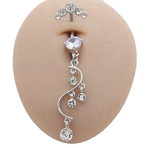 Belly Bars Button Piercing Bar Dangle Navel Body Jewellery Gem Ring Silver Round - Picture 1 of 7