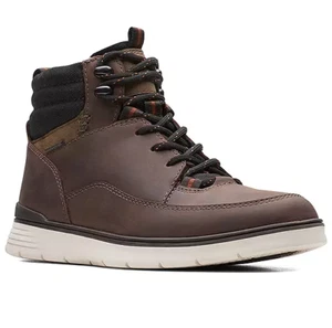 Men's Clarks BRAXIN PEAK Dark Brown Leather Boots Weatherproof Ankle Shoes - Picture 1 of 7