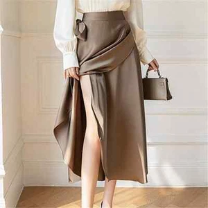 Elegant Tie Up Irregular High Waist Solid Color Casual Ladies A-line Skirts - Picture 1 of 18