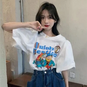 English Letters Tee Top Cartoon Summer Top Loose T-shirt Lady Girl - Picture 1 of 16