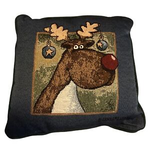 Jakes Blue Brown Reindeer Pillow  Toss Throw Threshold Christmas 12" x 12" 