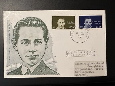 Ирландия FDC 1970 Кевин Барри, Республиканский Солдат I.R.A ОТПРАВЛЕН В АНГЛИЮ - Изображение 1 из 2