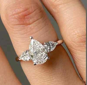2.60 Ct Pear-Cut VS1/G Lab Grown Diamond Three Stone Wedding Ring 14k White Gold - Picture 1 of 4
