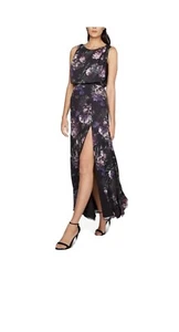 Fame and Partners NEW Black Purple Floral Print 6 Maxi Blouson Dress $279 - Picture 1 of 6