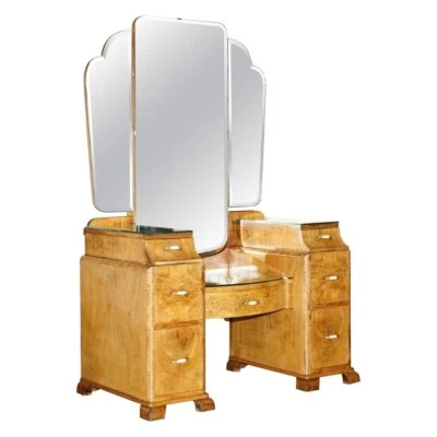 ANTIQUE ART DECO CIRCA 1930'S SATIN WALNUT DRESSING TABLE + MIRROR PART OF SUITE - Image 1 of 4