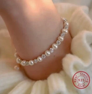 Bracelet 925 Sterling Silver Bracelet with White and Synthetic Pearls Zirconia - Picture 1 of 4