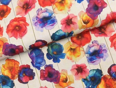 CANVAS Stoff feste Baumwolle Bunte Mohnblumen auf CREME VANILLE EUR 16,98/m - Bild 1 von 2