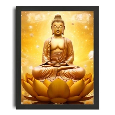 Golden Buddha Poster Meditation Wall Art Mindfulness Print Gold Lotus Flower Art - Image 1 of 2