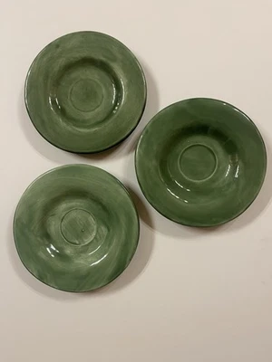 Pottery Barn Sausalito Moss Green Saucers - Set of 3 Chipped Rim Handpainted - Image 1 of 4