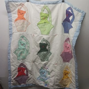 Adorable Kittens In A Basket | Baby Quilt Blue White Check Multicolor Handmade - Picture 1 of 4