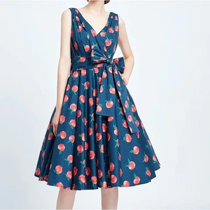 Miss Lulo Peach Sleeveless Fit and Flare Dress V Neck Tie Waist Retro Pin Up - Picture 1 of 10