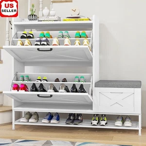 Flip Open Shoe Cabinet W/ Storage Bench Entryway Organizer Indoor Space White - Imagen 1 de 7