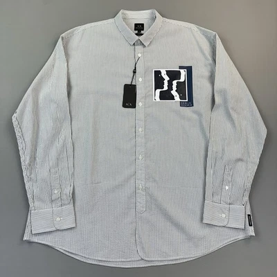 Armani Exchange Shirt Mens 2XL Gray Stripe Graphic Loose Fit Button Up Casual - Image 1 of 4