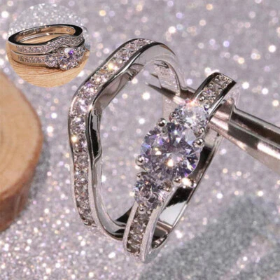 Anillos de plata 925 para mujer talla 5-10 circonitas cúbicas joyería regalos moda 2 piezas/juego Foto 1 de 4