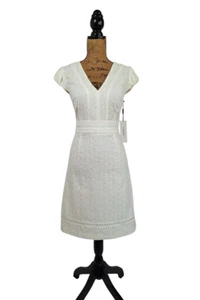 Calvin Klein Womens Dress 10 Ivory Eyelet A-Line V-Neck Short Puff Sleeve Cotton - Picture 1 of 14