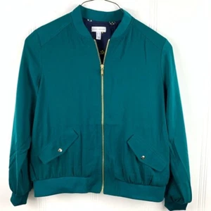 Susan Graver Womens Bomber Jacket Green Zip Up Lined Stretch Flap Pockets M New - Picture 1 of 7