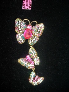 Betsey Johnson RETRO MULTICOLOR Pave Crystal 3 CASCADING BUTTERFLIES Pin BROOCH - Picture 1 of 6