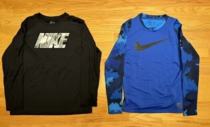 Lot Of 2 Nike Pro & Dri Fit Boys XL Athletic Long Sleeve Shirts Blue Camo Black - Picture 1 of 6
