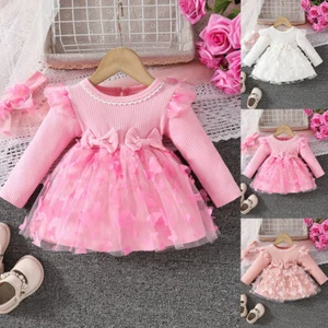Baby Girl Round Neck Bow Long Sleeve Ball Gown Butterfly Party Dress Princess - Picture 1 of 34