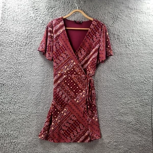 Sportsgirl Womens Wrap Dress Siz M Burgundy Pink Floral Stretch Knit A-line - Picture 1 of 14