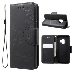 Samsung Galaxy S9 G960 Wallet Case Butterfly Flower Motiv Tasche Hülle Schwarz - Bild 1 von 7