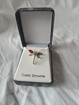 Women's Silver Plated Necklace with Colorful Cubic Zirconia Dragonfly Pendant - Image 1 of 4