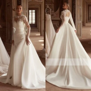 Elegantes Vestidos de Novia Sirena Satén Cuello Alto Desmontables Tren Vestidos de Novia - Imagen 1 de 8
