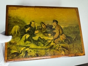 Arte de panel de madera ruso soviético vintage - "Los cazadores en reposo" por Perov - años 50-70 - Imagen 1 de 11