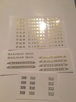 PRE-GUERRA STD LIONEL 309-310-312 LÁMINA DE ORO CALCOMANÍA DE AGUA DELGADA SERIF JUEGO DE COCHE ¡MIRA! Foto 1 de 3