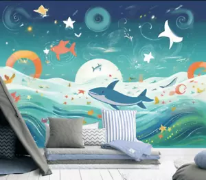 3D Cartoon Whale Wave Sea Fish Self-adhesive Removeable Wallpaper Wall Mural - Picture 1 of 10